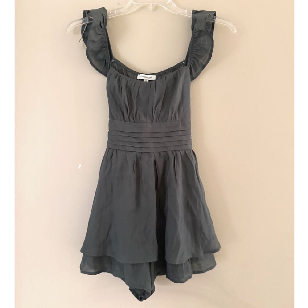Francesca's Yara Romper Womens S Olive Green Ruffle Sleeve Tiered Tie Back Dress